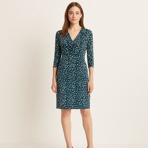 Eliza J Floral Print Faux Wrap Dress 3/4 Sleeve Green White Size Medium Workwear